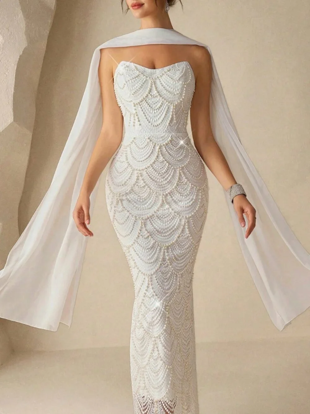 White Elegant Women's Strapbackless Pearl Glamorous Dress - Picture 4 of 6